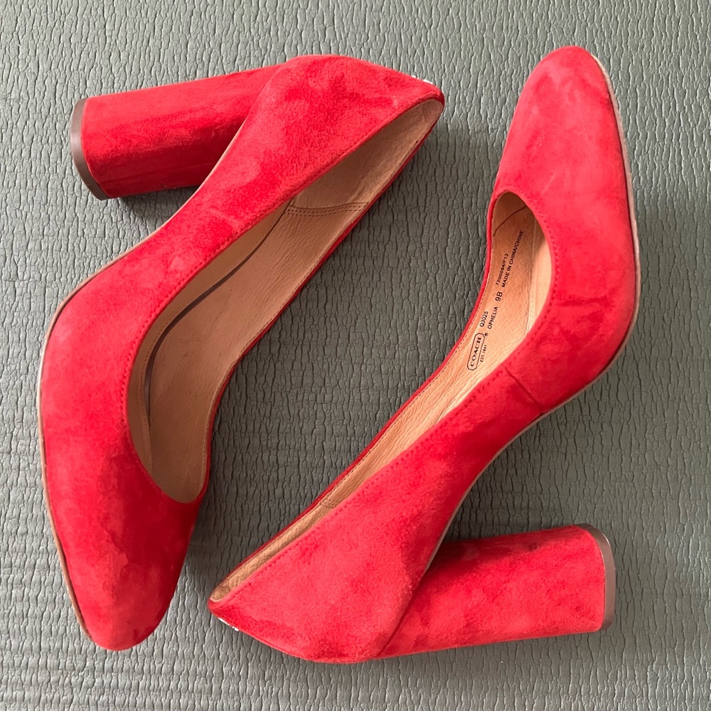 Coach red burgundy suede "ophelia" heels 9 close toe block heel